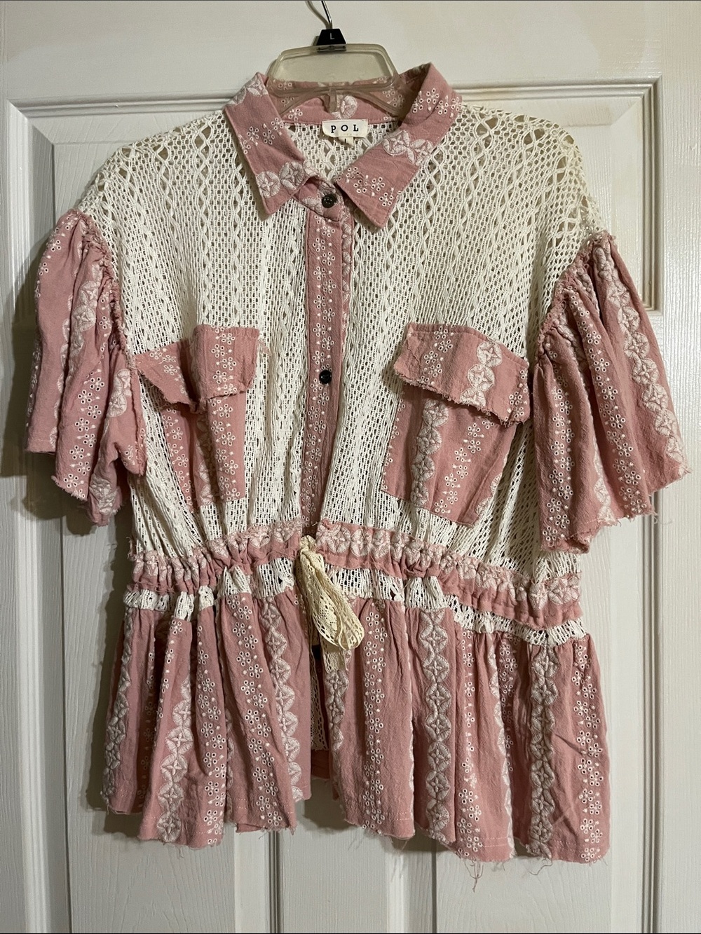 POL Pink Eyelet Crochet-Panel Button-Front Blouse